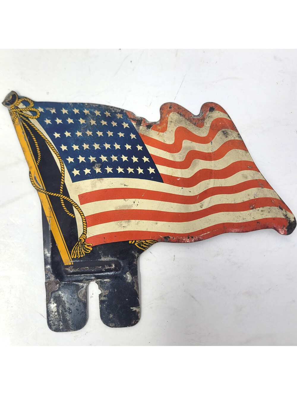 Vintage 48 Star American Flag License Plate Topper Tin Litho 1940s WWII Era Car